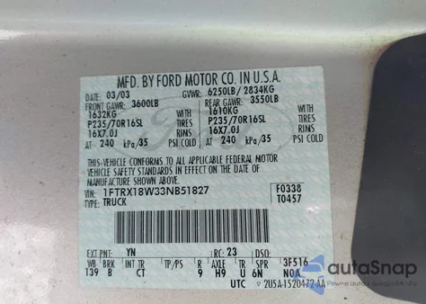 2003 Ford F-150 Lariat/Xl/Xlt from USA, damaged, VIN 1FTRX18W33NB51827